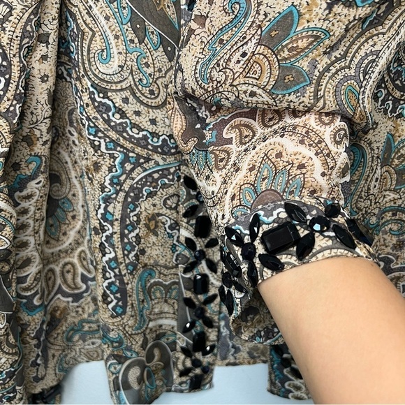 Laura Ashley Silk Paisley Fly-Away Beaded Long Sleeve Blouse Flowy Mature - Picture 6 of 10